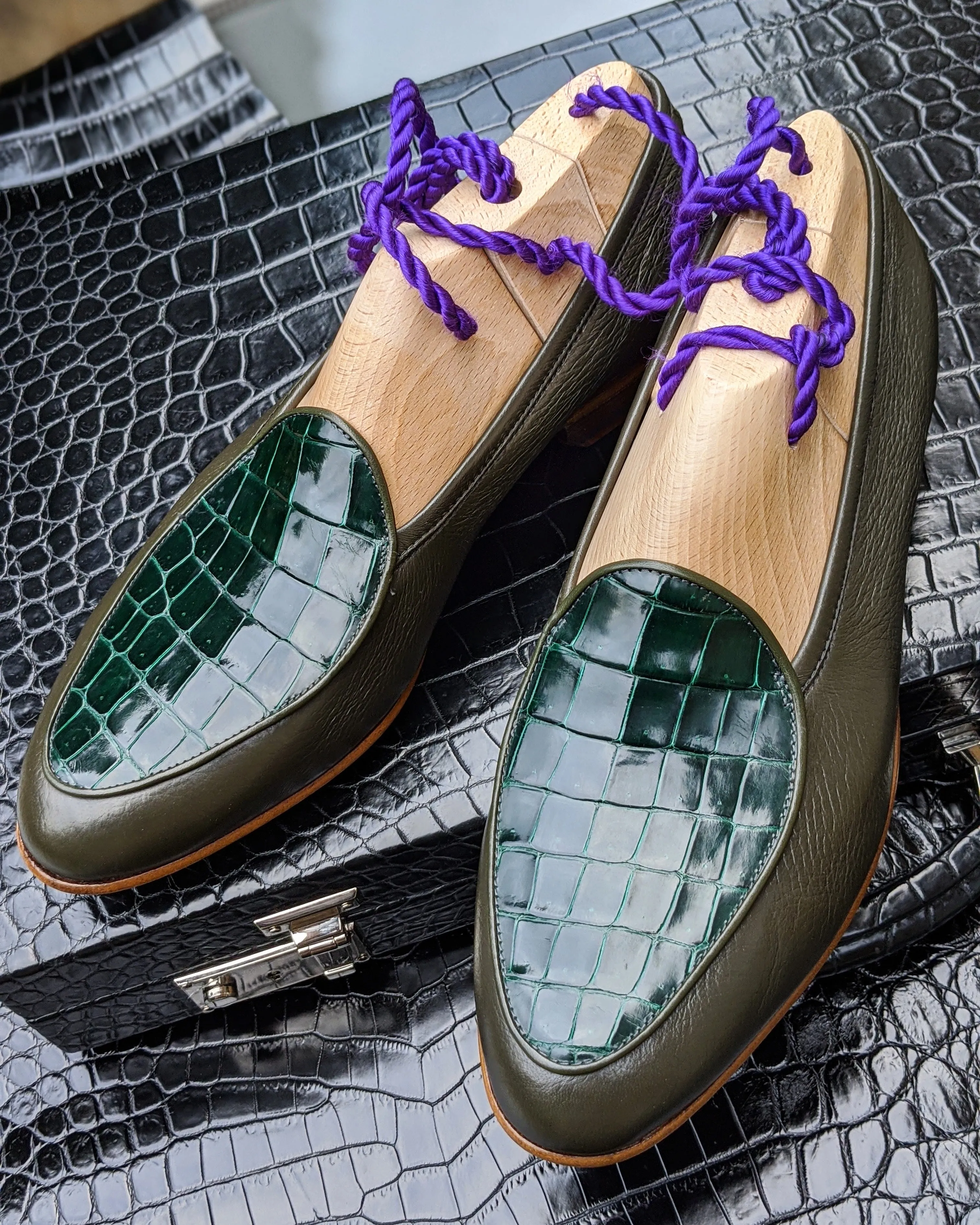 Belgian Loafer - Olive Green Deer & Green Crocodile